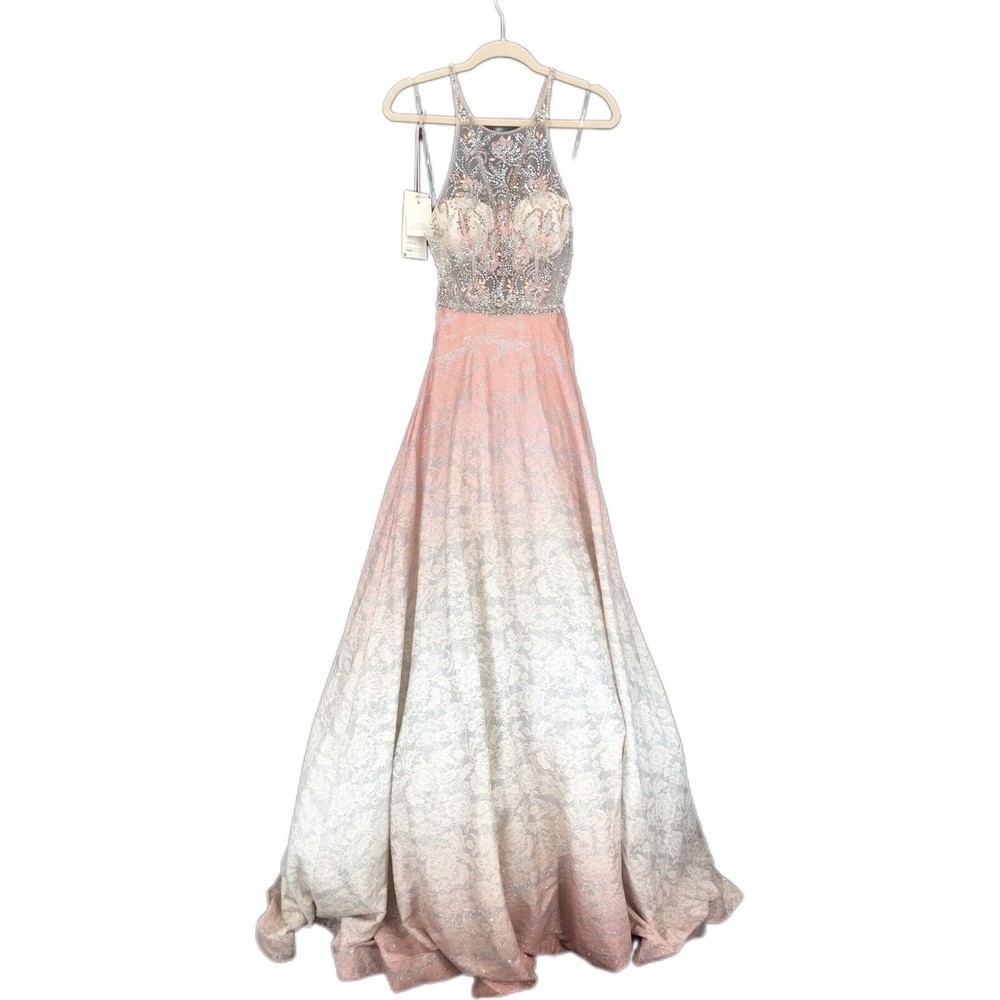 NWT Modessa Couture Light Pink Silver Beaded Ombré Illusion Gown Size 6 Prom